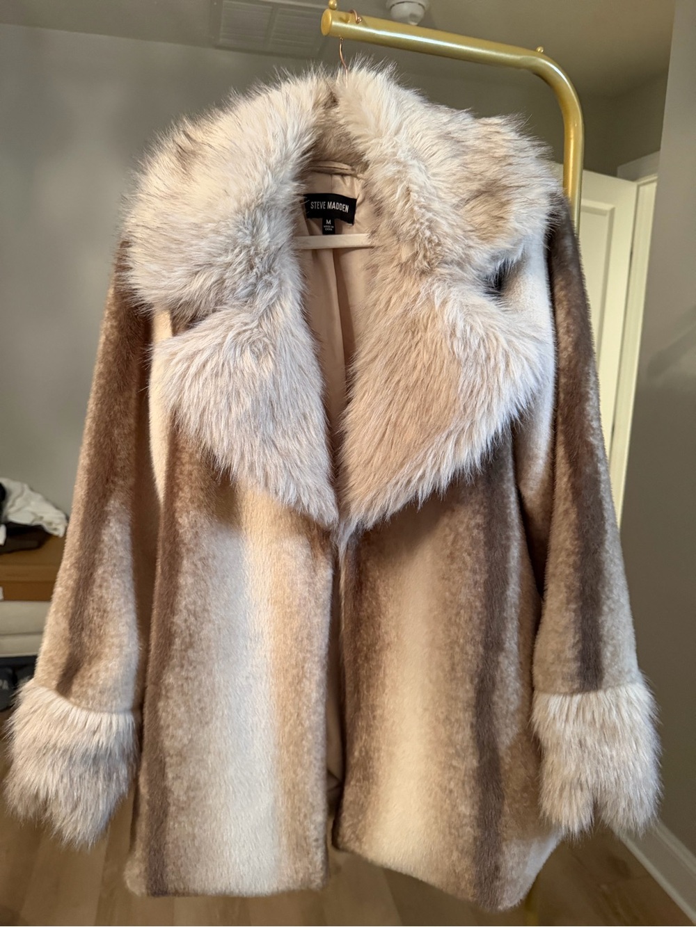 Steve Madden Two-Tone Cream & Tan Faux Fur Coat with Plush Collar